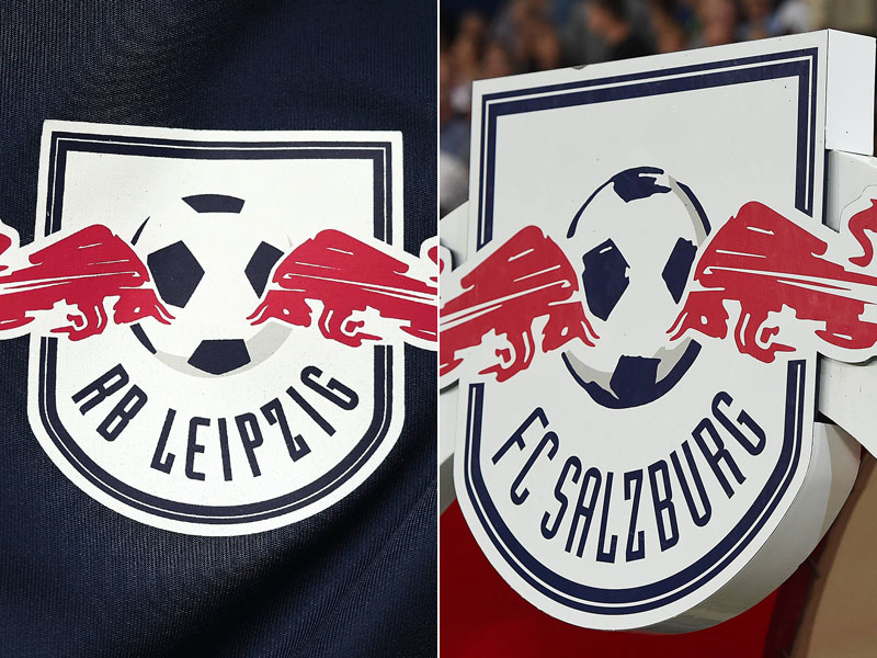 Rechts das im Europapokal angepasste Logo von RB Salzburg - links das von RB Leipzig.