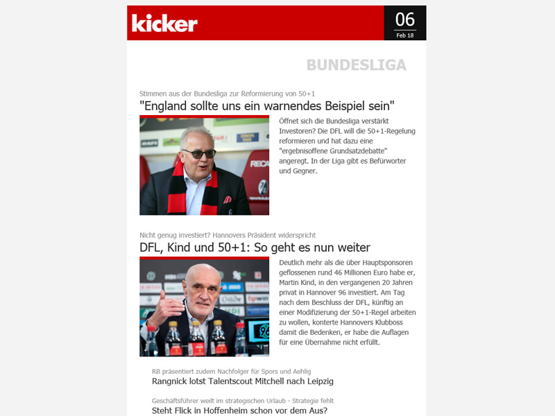 Täglich frisch in Ihrem E-Mail-Postfach: Die kicker-News des Tages.
