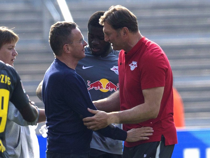 Friede, Freude, Eierkuchen in Berlin? Rangnick und Hasenhüttl am Samstag beim Saisonausklang.