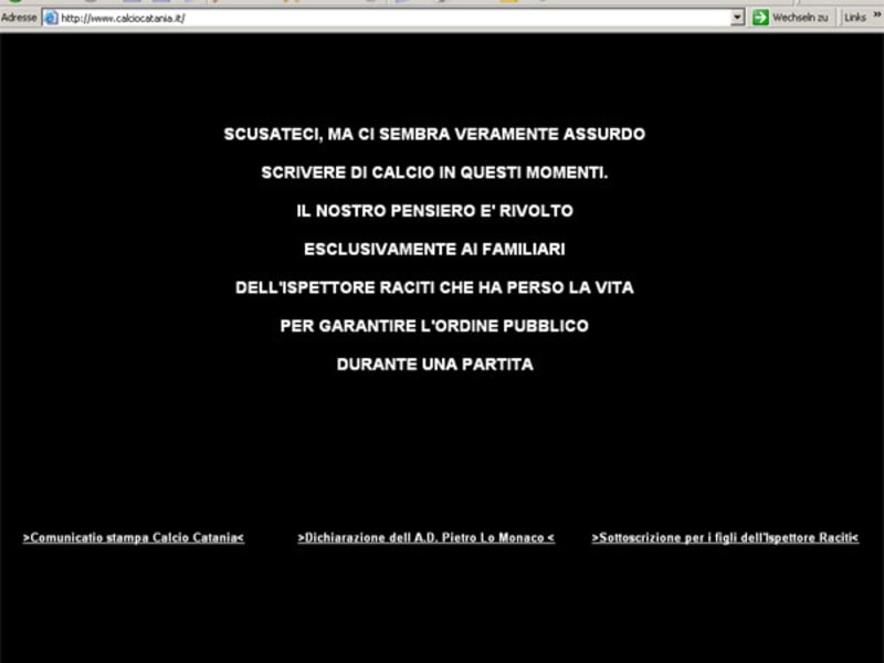 "Absurd, in diesen Stunden über Fußball zu schreieben": Die Homepage von Catania Calcio.