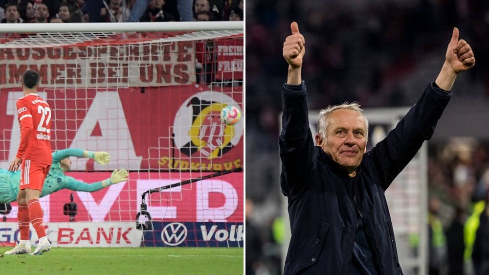 Beide Daumen hoch: Christian Streich freut sich in München über den Halbfinaleinzug im DFB-Pokal.