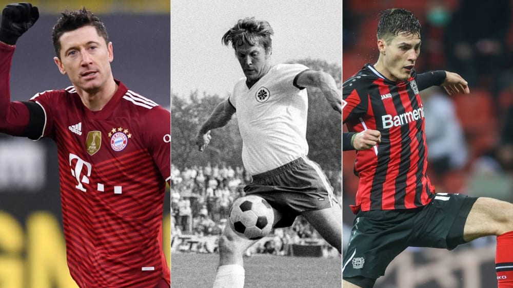 Robert Lewandowski (FC Bayern), Lothar Kobluhn (Rot-Weiß Oberhausen), Patrik Schick (Bayer Leverkusen; v.li.)