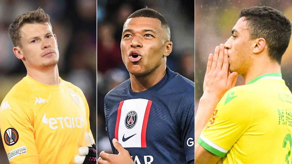 Müssen am letzten Spieltag bangen: Monacos Alexander Nübel, Paris' Kylian Mbappé und Nantes' Mostafa Mohamed.
