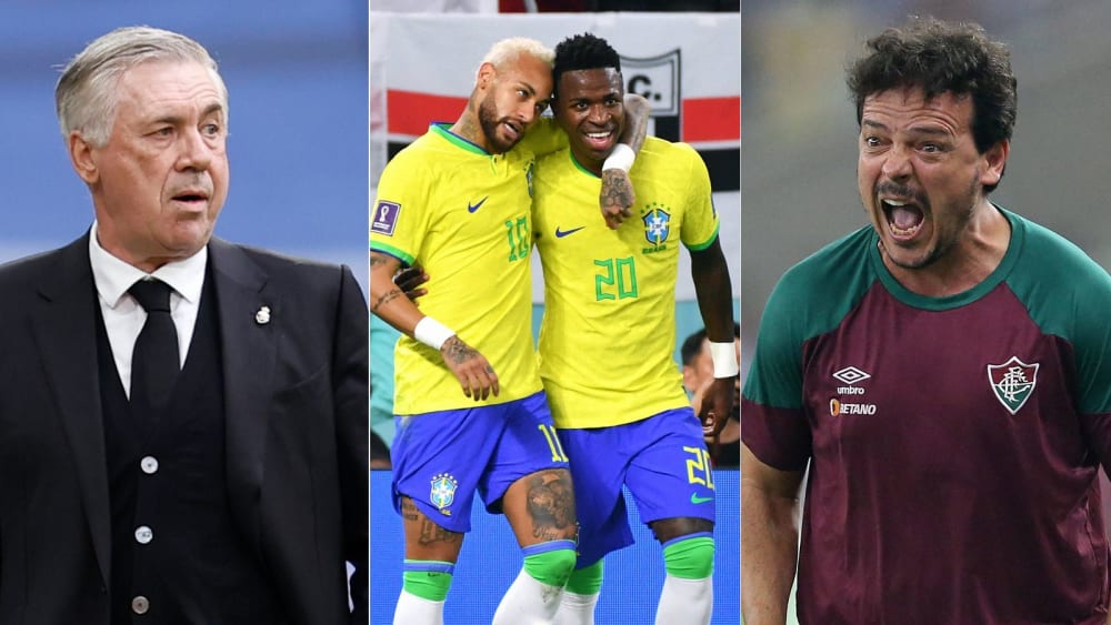 Erst Fernando Diniz (re.), dann Carlo Ancelotti: Neymar und Vinicius Junior freuen sich.
