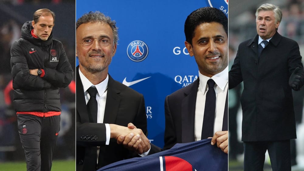 Selbst Thomas Tuchel (li.) und Carlo Ancelotti (re.) blieben nicht lange: Kommt Luis Enrique (2.v.li.) mit Präsident Nasser Al-Khelaifi (2.v.re.) besser zurecht?&nbsp;