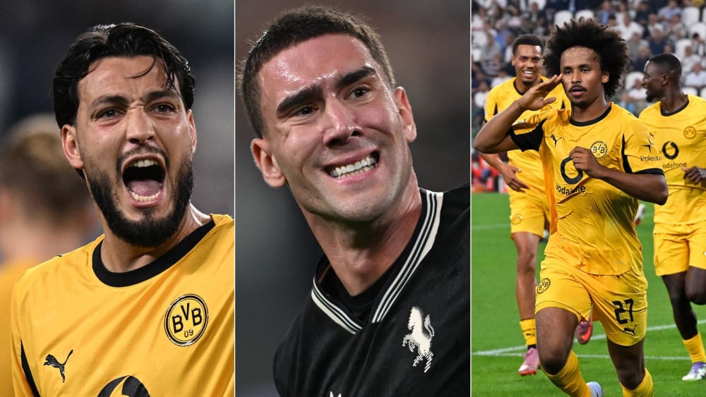 Ramy Bensebaini, Dusan Vlahovic, Karim Adeyemi (v.l.)