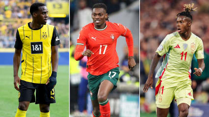 Trägt einer von ihnen bald das Bayern-Trikot? Jamie Gittens, Rafael Leao und Nico Williams (v. li.).