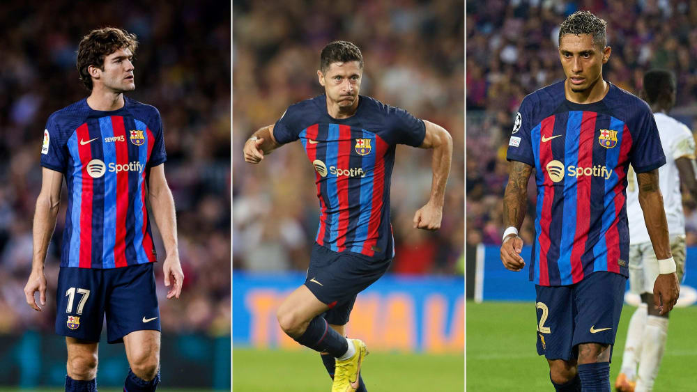 Erst seit Sommer in Barcelona: Marcos Alonso, Robert Lewandowski und Raphinha (v.li.).