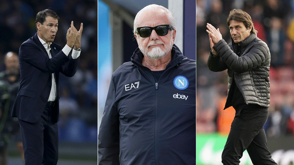 Im Fokus in Neapel: Rudi Garcia, Aurelio De Laurentiis und Antonio Conte (v.li.).