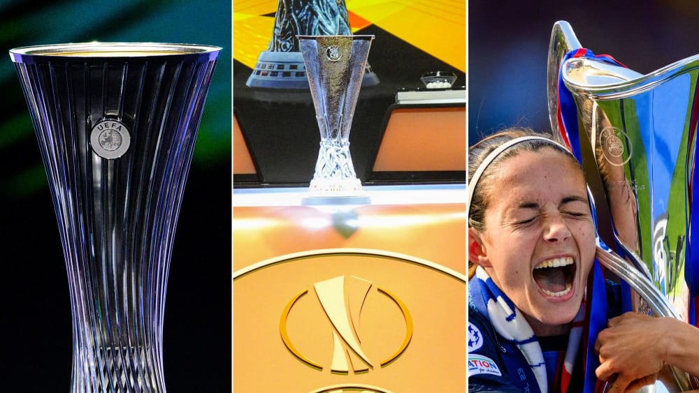 Objekte der Begierde: die Trophäen der Europa Conference League, der Europa League und der Women's Champions League (von links).