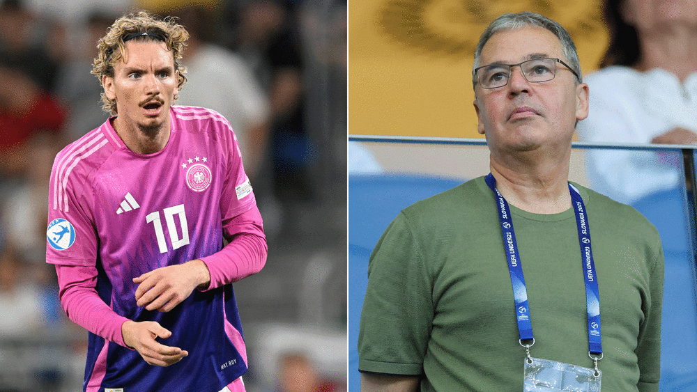 Nick Woltemade (li.) und DFB-Geschäftsführer Andreas Rettig.