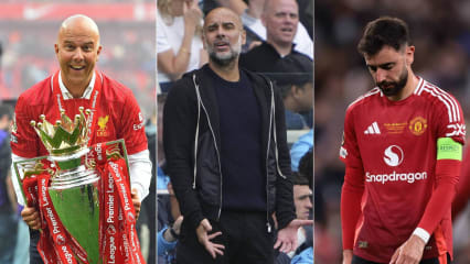 Die verschiedenen Gesichter der Premier League: Während Arne Slot (li.) mit Liverpool die Meisterschaft feierte, erlebten Pep Guardiola (Mitte) und Bruno Fernandes (re.) in Manchester eine Saison zum Vergessen - auf ihre jeweils eigene Art.