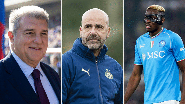 Neue Unterstützer für die Super League? Joan Laporta (li.) hofft auch auf Eindhoven um Peter Bosz (Mitte) und Napoli um Victor Osimhen.