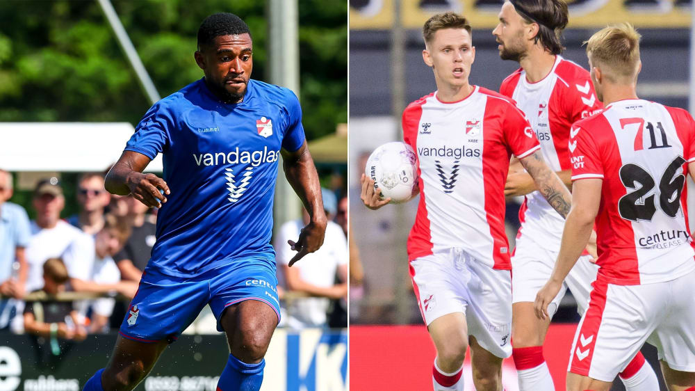 Seit diesem Sommer im Trikot des FC Emmen: Franck Evina (li.) und Julius Kade (mit Ball).