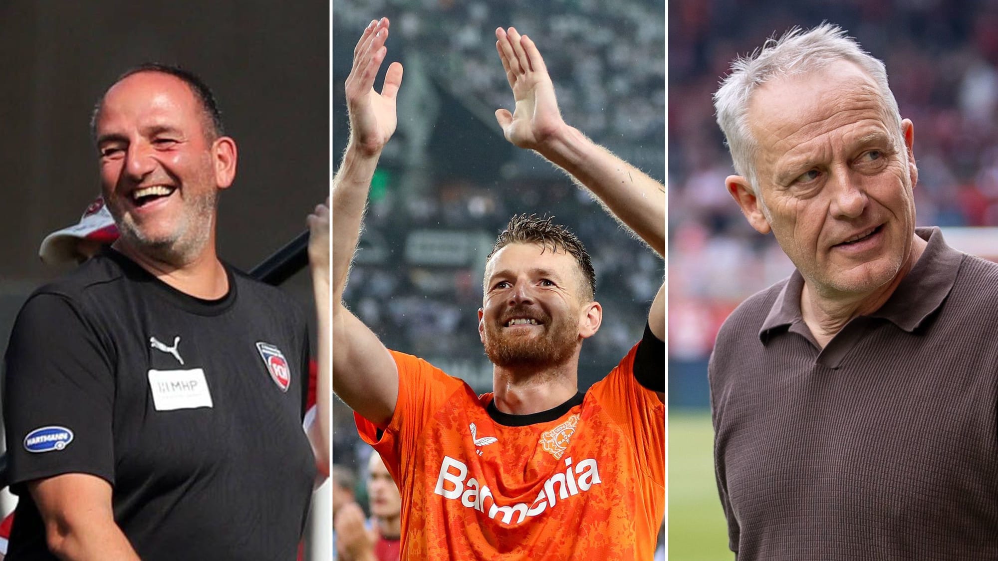 Frank Schmidt(li.), Lukas Hradecky, Christian Streich(re.)