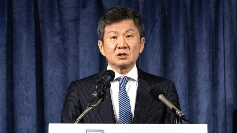 Chung Mong-gyu, the president of the Korea Football Association (KFA), is announcing the dismissal of Jurgen Klinsmann as the head coach of the South Korean national football team during a press conference on the results of a KFA executive meeting regarding the national team's affairs at the Seoul Football Center in Seoul, South Korea, on February 16, 2024. Klinsmann, who took over the helm of the national team in March of the previous year, is seeing his journey with Korean football come to an end in less than a year. (Photo by Chris Jung/NurPhoto via Getty Images)