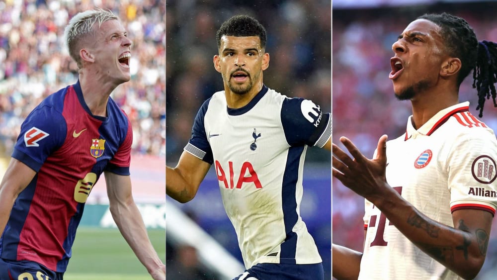 Rekordeinkäufe ihrer Klubs im Transfersommer 2024: Dani Olmo (Barca), Dominic Solanke (Spurs) und Michael Olise (Bayern).