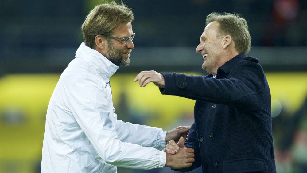 Wiedersehen macht Freude: Hans-Joachim Watzke (re.) und Jürgen Klopp bei einem Gastspiel des FC Liverpool in Dortmund 2016