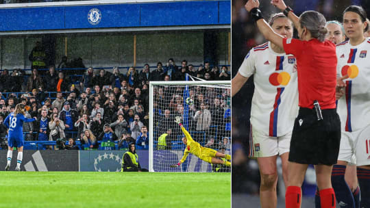 Eine Szene in der Verlängerung, die wie im Elfmeterschießen aussieht: Maren Mjelde erzielt für Chelsea das 1:2 gegen Lyon.