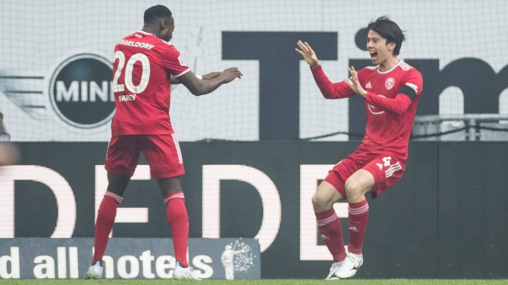 Vorbereiter und Torschütze:&nbsp;Khaled Narey (li.) und Ao Tanaka feiern das 1:0 für Düsseldorf.&nbsp;