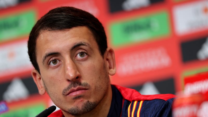Spain's midfielder #21 Mikel Oyarzabal attends a press conference during the UEFA Euro 2024 Football Championship in Donaueschingen on July 2, 2024. (Photo by LLUIS GENE / AFP) (Photo by LLUIS GENE/AFP via Getty Images)