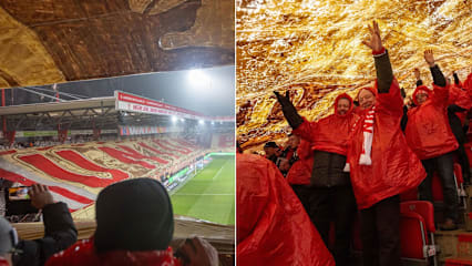 Blick auf die riesigen Blockfahnen - von oben und unten: Die Union-Fans zeigten am Freitag eine minutenlange Choreografie.