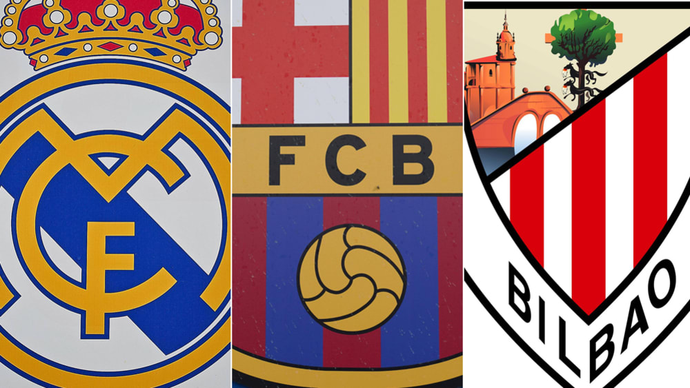 Die Wappen von Real Madrid, FC Barcelona und Athletic Bilbao.