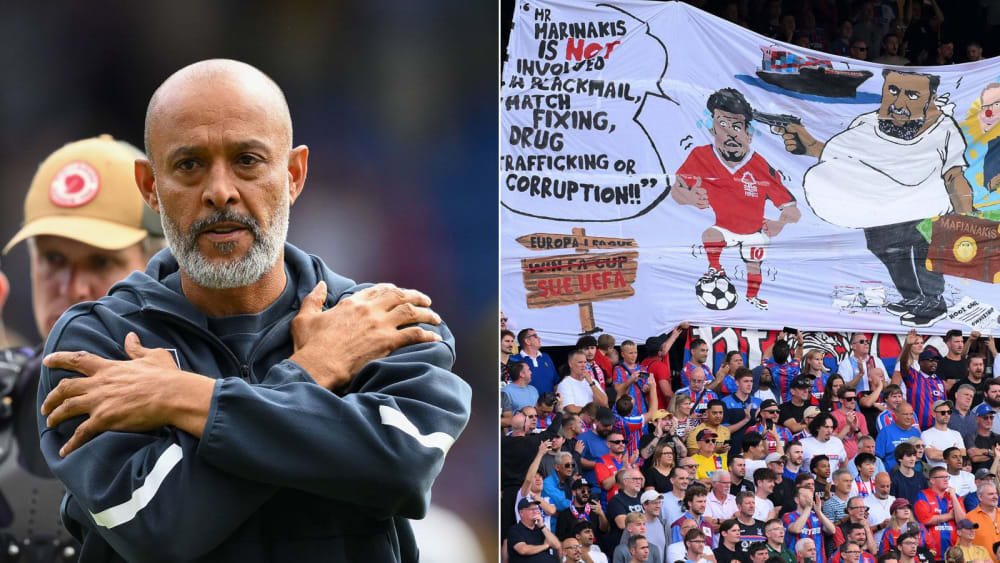Bleibt er Nottingham-Trainer? Nuno Espirito Santo, hier nach dem 1:1 bei Crystal Palace in Richtung Fans gestikulierend - rechts das Banner der Palace-Fans.