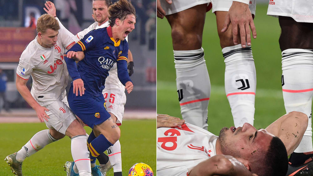 Zogen sich im Spiel zwischen der AS Roma und Juventus Turin (1:2) schwere Verletzungen zu: Nicolo Zaniolo (in blau, links) und Merih Demiral (am Boden, rechts).