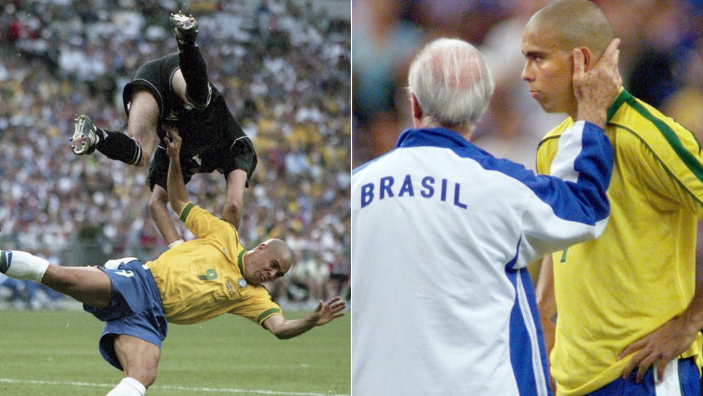 Ronaldo im Finale 1998, einmal im Duell mit Keeper Fabien Barthez (li.), einmal mit Brasilien-Coach Mario Zagallo.  