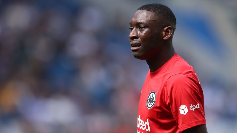 SINSHEIM, GERMANY - MAY 06: Randal Kolo Muani of Eintracht Frankfurt reacts during the Bundesliga match between TSG Hoffenheim and Eintracht Frankfurt at PreZero-Arena on May 06, 2023 in Sinsheim, Germany. (Photo by Alex Grimm/Getty Images)