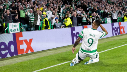 GLASGOW, SCOTLAND - SEPTEMBER 18: Celtic's Adam Idah celebrates scoring to make it 5-1 during a UEFA Champions League match between Celtic and SK Slovan Bratislava at Celtic Park, on September 18, 2024, in Glasgow, Scotland. (Photo by Alan Harvey/SNS Group via Getty Images)