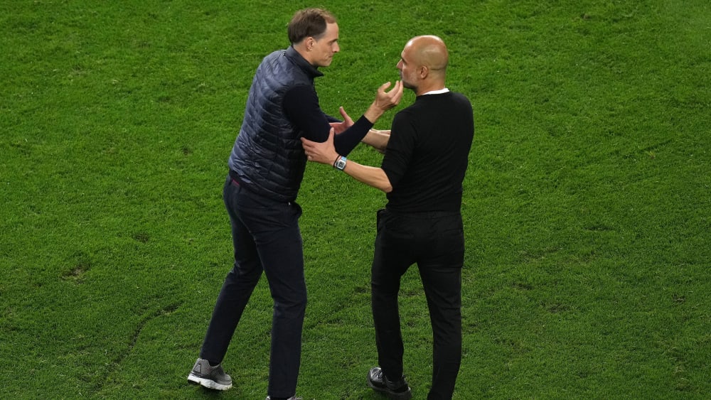 Wiedersehen in der Champions League: Thomas Tuchel (li.) und Pep Guardiola, hier nach dem Finale 2021.