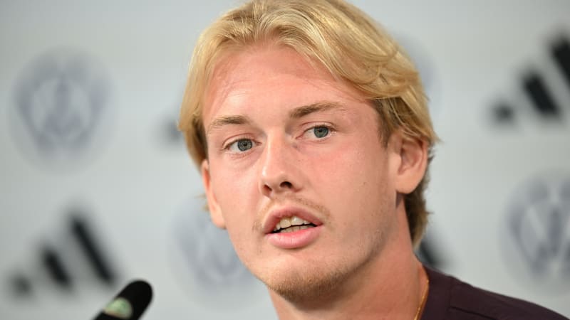WOLFSBURG, GERMANY - SEPTEMBER 07: Julian Brandt of Germany talks with the media during a press conference on September 07, 2023 in Wolfsburg, Germany. (Photo by Stuart Franklin/Getty Images)