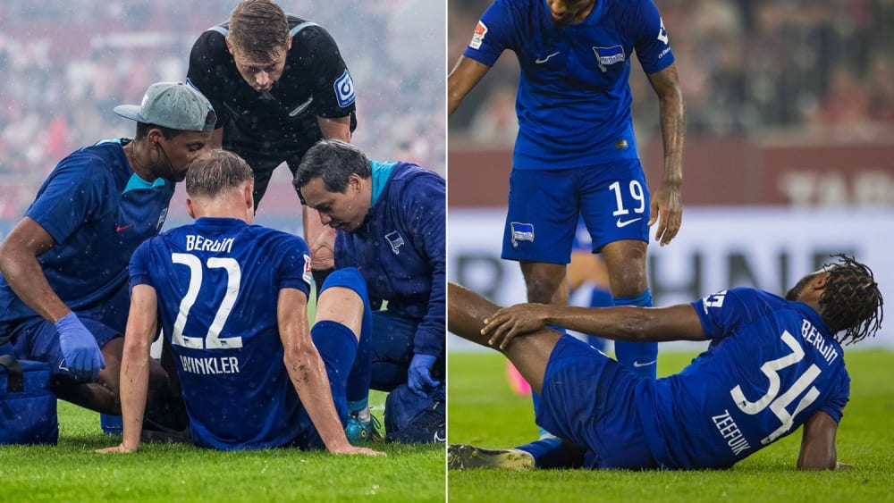 Verletzten sich bei Herthas 0:1-Niederlage in Düsseldorf: Offensivtalent Marten Winkler (li.) und Rechtsverteidiger Deyovaisio Zeefuik.