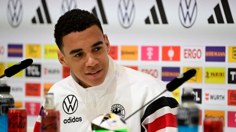 Germany's midfielder #10 Jamal Musiala attends a press conference ahead of the UEFA Euro 2024 European football Championships, in Herzogenaurach, Bavaria, on June 12, 2024. (Photo by Tobias SCHWARZ / AFP) (Photo by TOBIAS SCHWARZ/AFP via Getty Images)