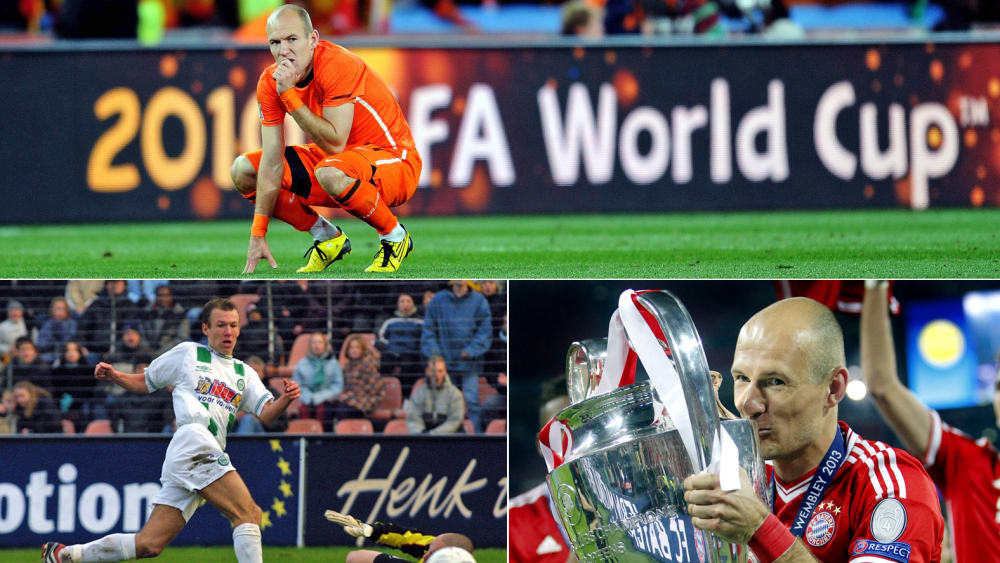 Arjen Robben nach dem verlorenen WM-Finale 2010 (oben), bei einem Tor f&#252;r Groningen (unten li.) und mit dem Henkelpott 2013