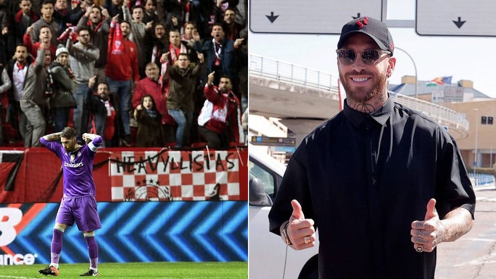 Eine extreme Beziehung: Sergio Ramos nach seinem Panenka-Elfmeter in Sevilla, rechts bei seiner Ankunft am Flughafen.