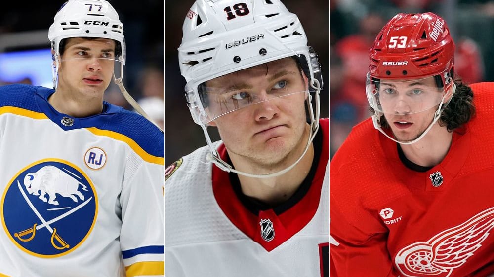 Wollen mit ihren Teams in die Playoffs: Das deutsche Trio in der Atlantic Division, J.J. Peterka, Tim Stützle und Moritz Seider (v.li.).