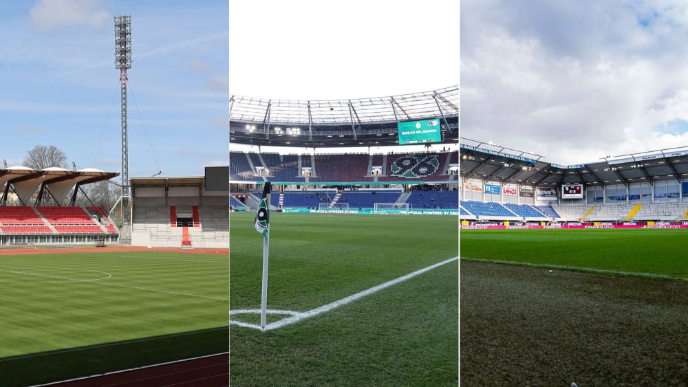 Ersatzstadien für drei Drittligisten: das Steigerwald-Stadion in Erfurt, HDI-Arena in Hannover und die Home Deluxe Arena in Paderborn.