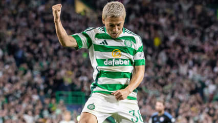 GLASGOW, SCOTLAND - SEPTEMBER 18: Celtic's Daizen Maeda celebrates scoring to make it 4-1 during a UEFA Champions League match between Celtic and SK Slovan Bratislava at Celtic Park, on September 18, 2024, in Glasgow, Scotland. (Photo by Craig Williamson/SNS Group via Getty Images)