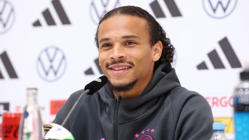HERZOGENAURACH, GERMANY - JULY 02: Leroy Sane of Germany talks to the media during a press conference at Herzo-Base on July 02, 2024 in Herzogenaurach, Germany. (Photo by Alexander Hassenstein/Getty Images)