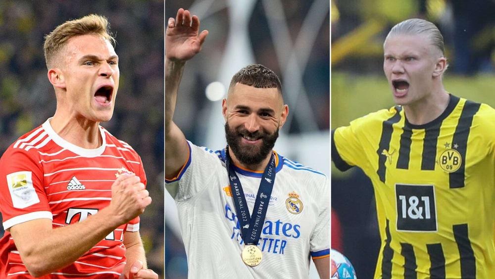 Gehören zu den 30 Nominierten für den Ballon d'Or 2022 - mit kleineren und größeren Chancen: Joshua Kimmich, Karim Benzema und Erling Haaland (v. li.).