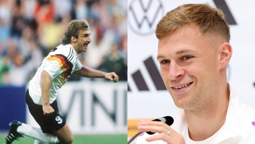 Joshua Kimmich (re.) denkt zurück: Rudi Völler (li.) traf 1988 zum letzten Sieg der DFB-Elf gegen Spanien.