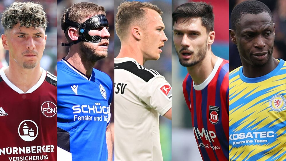 Taylan Duman (FCN), Fabian Klos (Bielefeld), Sebastian Schonlau (HSV), Tim Kleindienst (Heidenheim) und Braunschweigs Anthony Ujah (v.l.) haben noch je eine wichtige Partie vor sich.