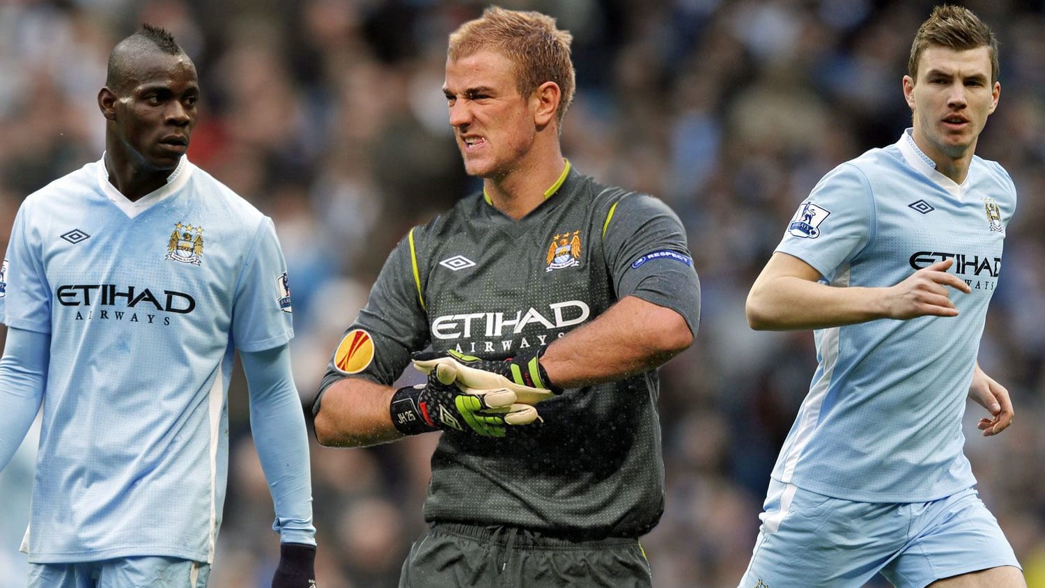 Mario Balotelli, Joe Hart, Edin Dzeko (v. li.)