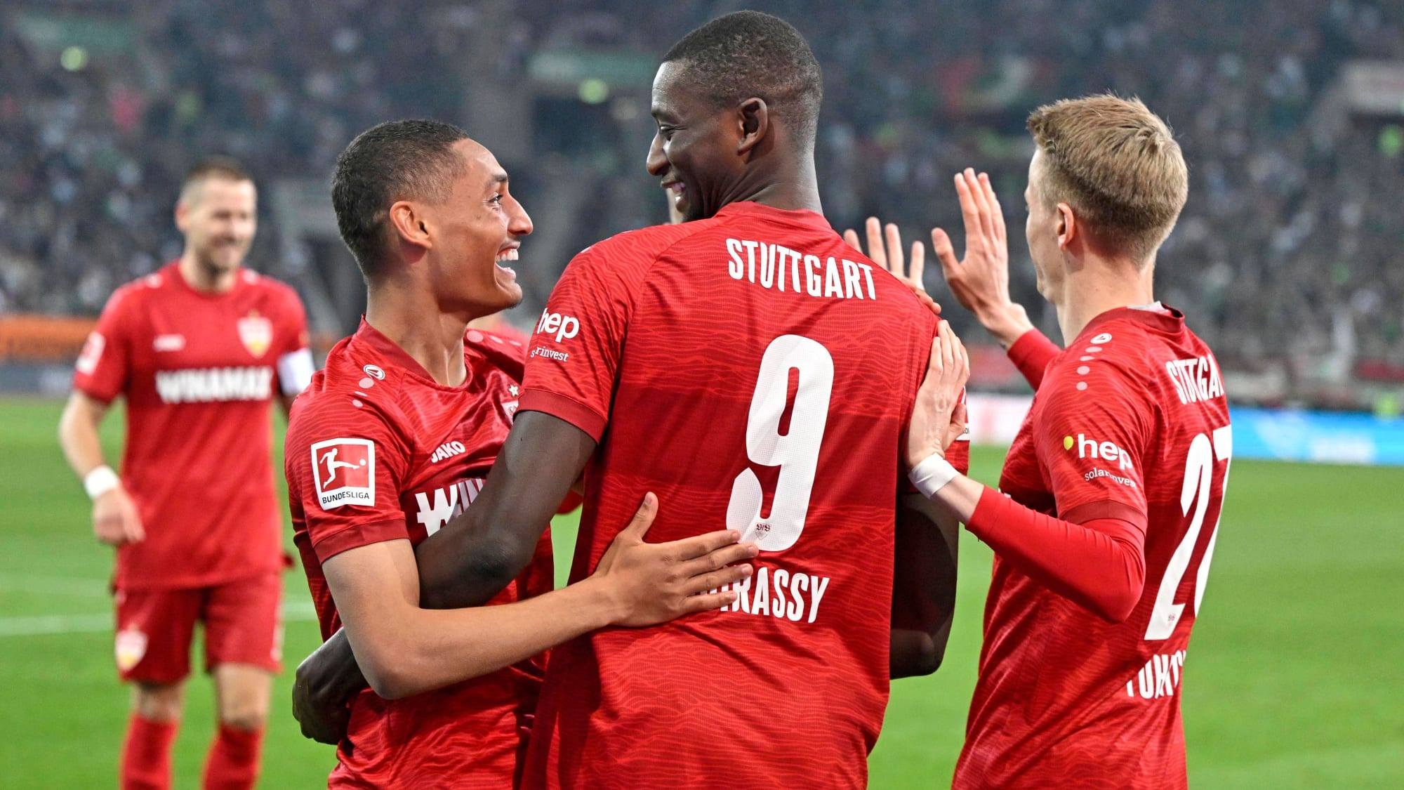 10.05.2024, Fussball 1. Bundesliga 2023 2024, 33.Spieltag, FC Augsburg - VfB Stuttgart, in der WWK-Arena Augsburg, v.l. Enzo Millot (Stuttgart), Serhou Guirassy (Stuttgart) und Chris Führich (Stuttgart) jubeln. ***DFL and DFB regulations prohibit any use of photographs as image sequences and or quasi-video.*** *** 10 05 2024, Soccer 1 Bundesliga 2023 2024, Matchday 33, FC Augsburg VfB Stuttgart, in the WWK Arena Augsburg, f l Enzo Millot Stuttgart , Serhou Guirassy Stuttgart and Chris Führich Stuttgart cheer DFL and DFB regulations prohibit any use of photographs as image sequences and or quasi video