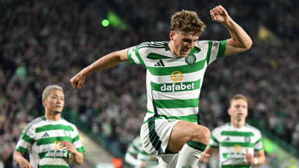 Glasgow, Scotland, 18th September 2024. Arne Engels of Celtic scores from the penalty spot during the UEFA Champions League match at Celtic Park, Glasgow. Picture credit should read: Neil Hanna Sportimage EDITORIAL USE ONLY. No use with unauthorised audio, video, data, fixture lists, club league logos or live services. Online in-match use limited to 120 images, no video emulation. No use in betting, games or single club league player publications. SPI-3322-0027