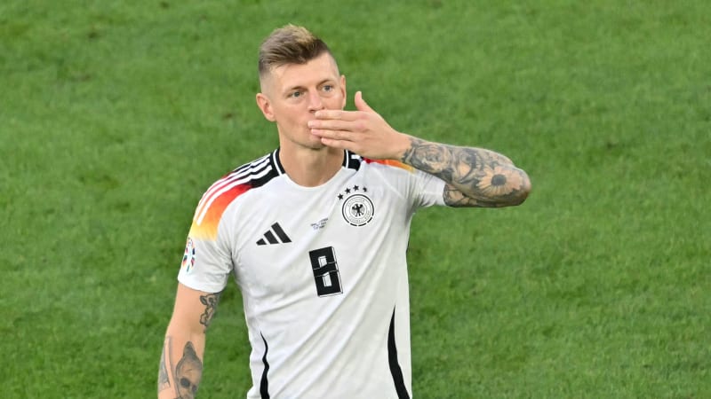 Germany's midfielder #08 Toni Kroos blows a kiss after the UEFA Euro 2024 quarter-final football match between Spain and Germany at the Stuttgart Arena in Stuttgart on July 5, 2024. (Photo by MIGUEL MEDINA / AFP) (Photo by MIGUEL MEDINA/AFP via Getty Images)