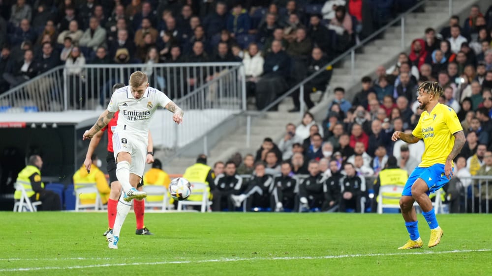 Der stramme Direktschuss von Toni Kroos brachte das zwischenzeitliche 2:0 für Real Madrid.